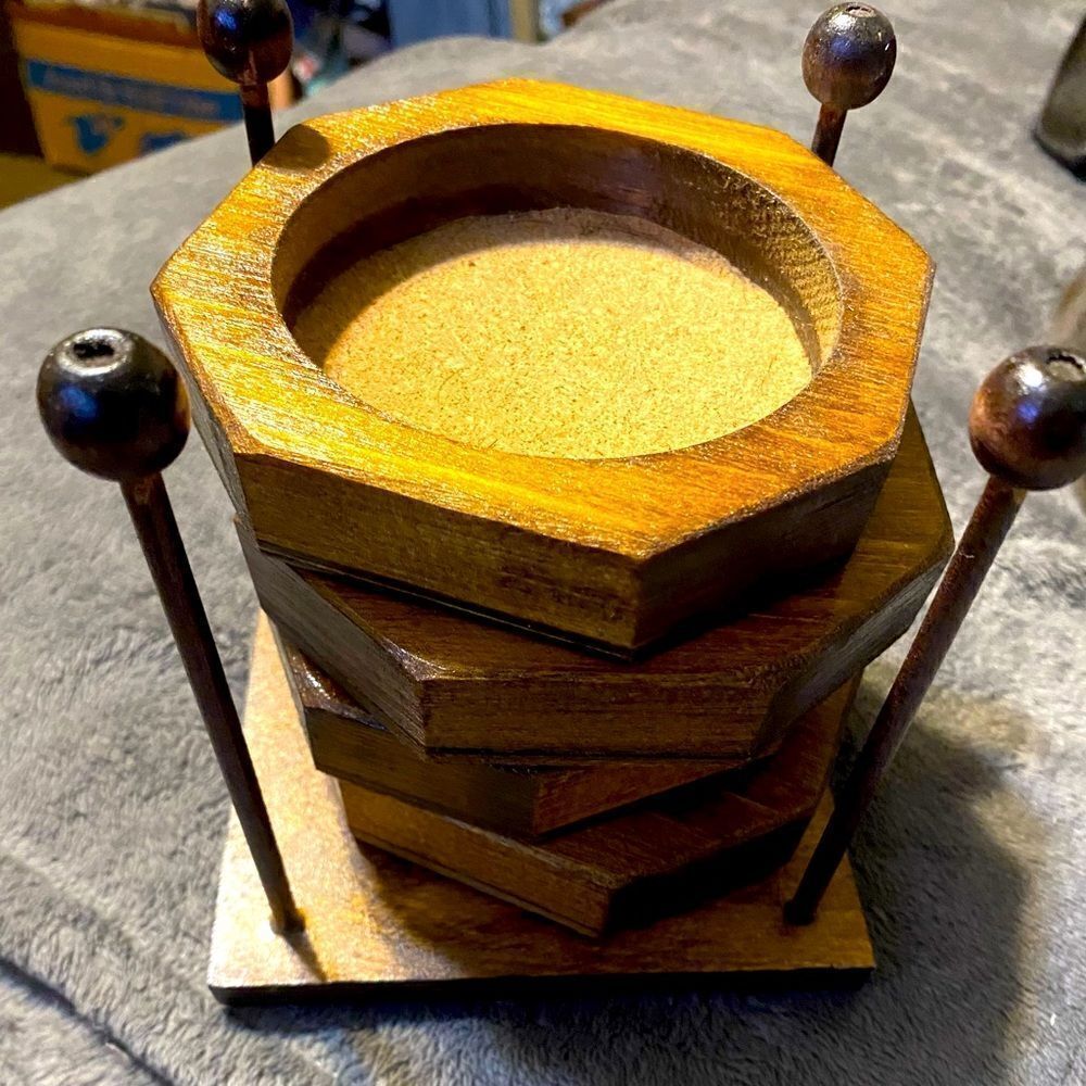 Vintage set of 4 beverage coasters with stand